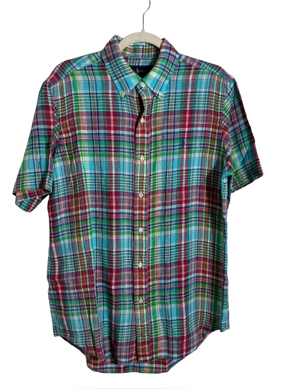 Polo Ralph Lauren Linen Button Down Shirt Medium Plaid Short Sleeve